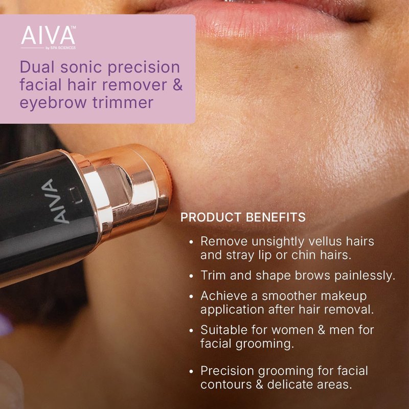 SPA SCIENCES - AIVA Deluxe – Patented Dual 2-in-1/Double Sided Facial Hair Remover & Eyebrow Trimmer USB Rechargeable with Built-in LED Lights & 2 Extra Replacement Heads