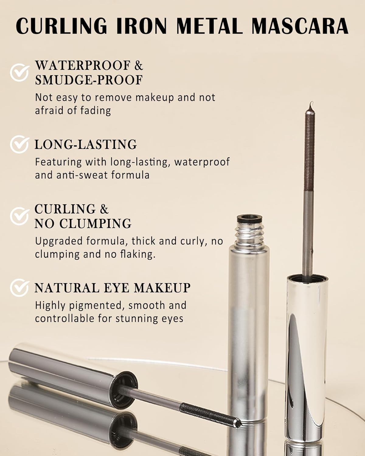 Washable Metal Rod Mascara - Black Waterproof Volume & Length | Long-Lasting Smudge-Proof Fiber Lash Makeup