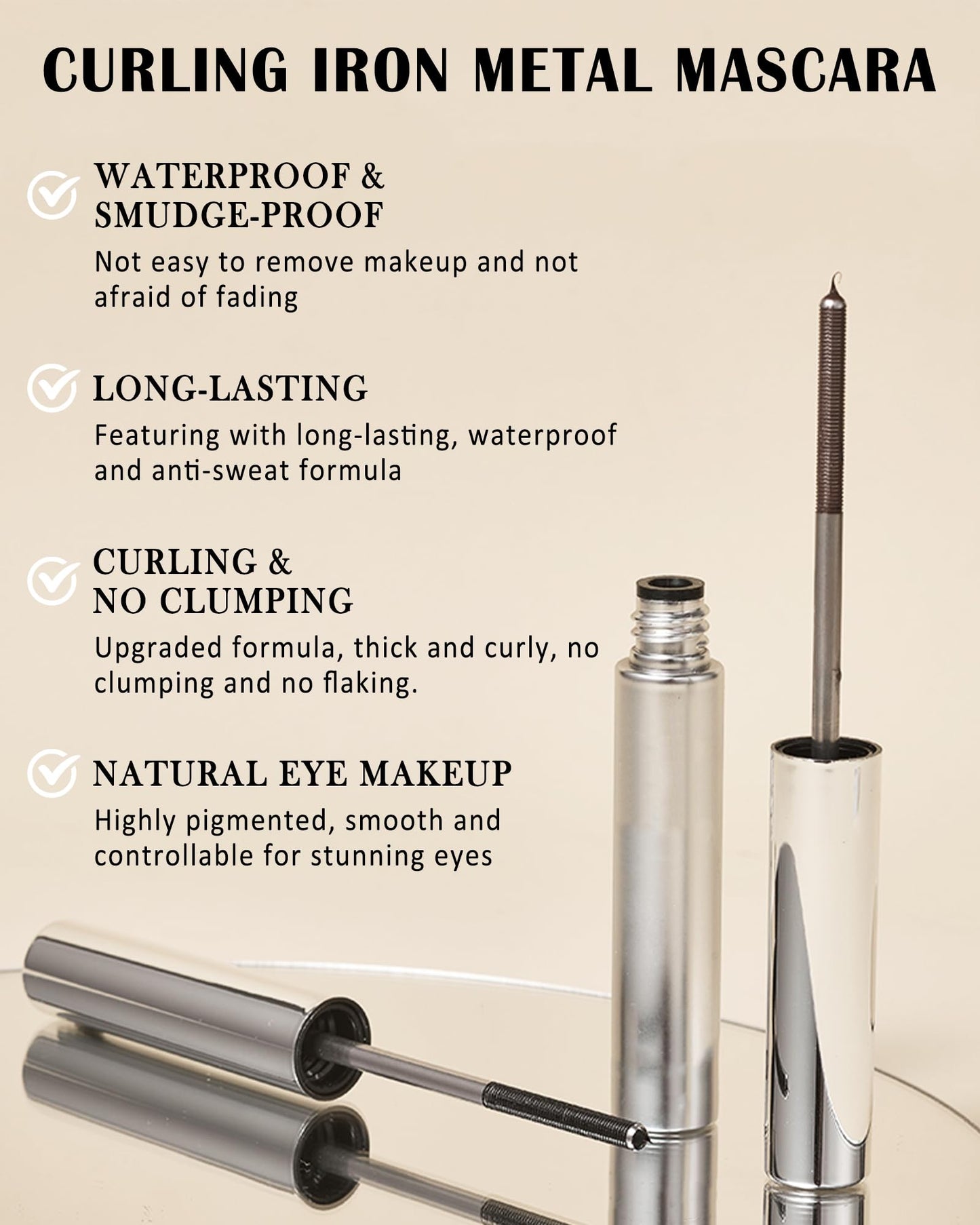 Washable Metal Rod Mascara, Black Waterproof Tube Mascara Volume and Length,3D Skinny Curling Iron Wand,Long Lasting Smudge-Proof Non Clumping Lengthening Fiber Lash Máscara Makeup for Women