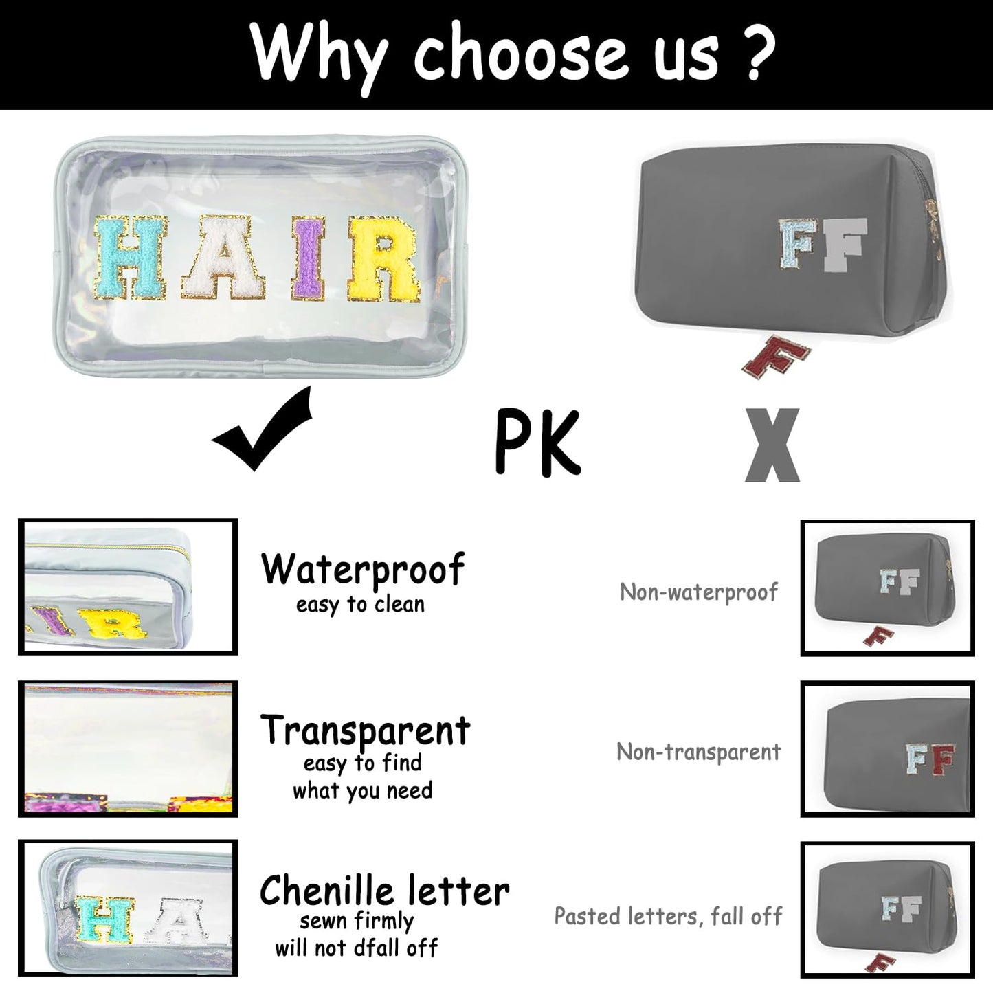 Bunliuys Chenille Letter Clear Makeup Bag Dance Patch, Travel Toiletry Makeup Bag with Handle, Nylon Waterproof Makeup Bags clear cosmetic bag, preppy patch makeup bag for Women (DANCE-Black)