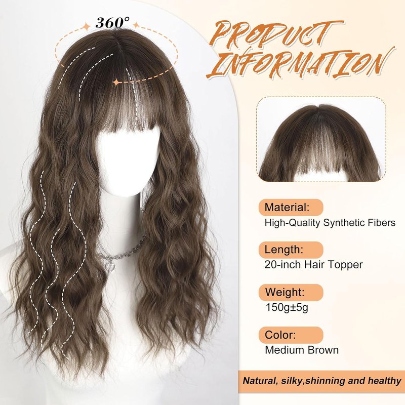 Hair Toppers for Women - 360° Hand-Knitted Lightweight Clip-In Wavy Wiglets with Bangs | 20 Inch, Medium Brown
