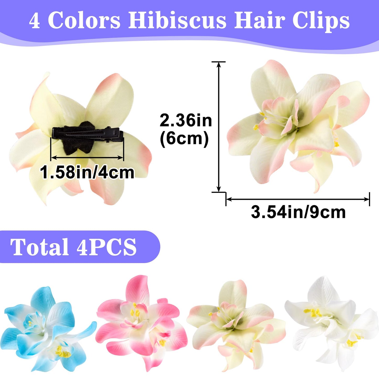SmallCat 4 Pcs Hawaiian Flower Hair Clips, X Inch Artificial Tropical Flower Clips for Hair, Hibiscus Hair Clip, Flowers Hair Accessories for Women Beach Seaside Wedding Vacation Party (4 Colors)