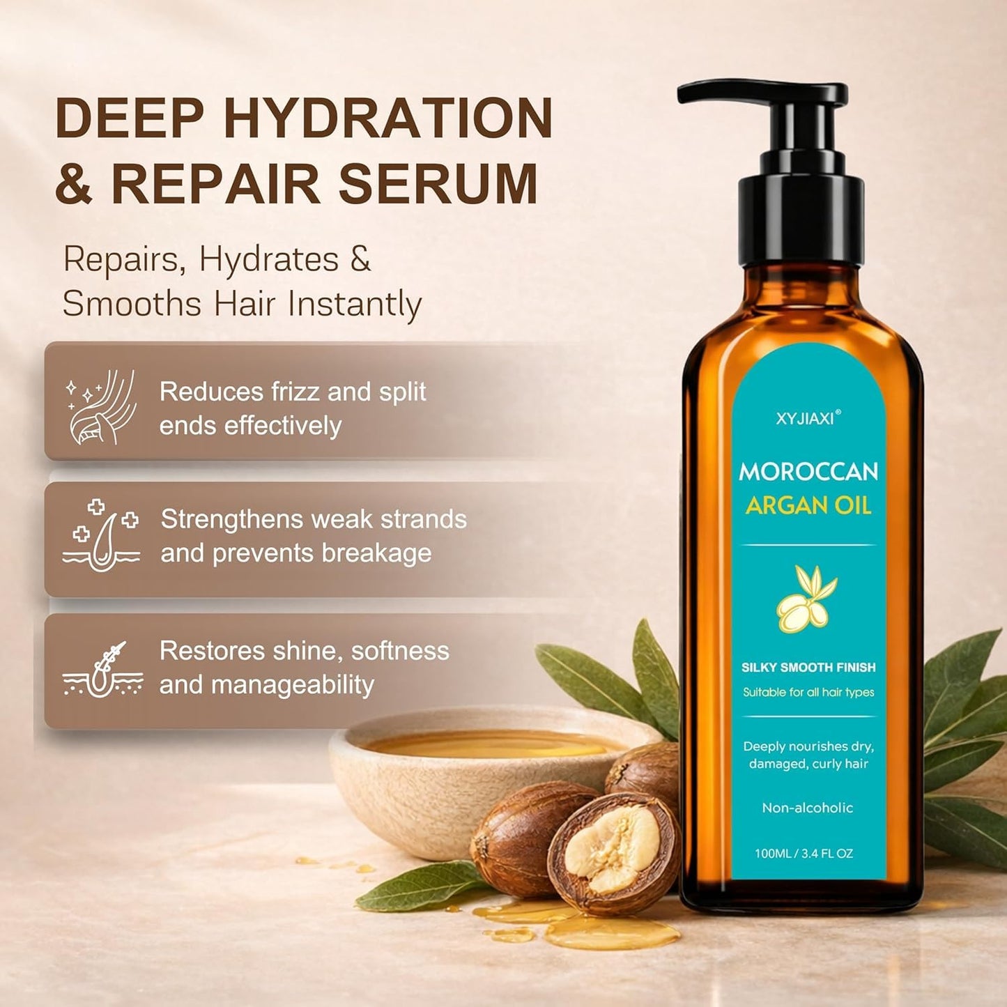 XYJIAXI Argan Oil – Nourishing & Smoothing Hair Oil for Long, Dry, Frizzy,Curly& Damaged Hair – Moroccan Hair Oil Treatment for Frizz Control & Heat Protection -3.4 oz