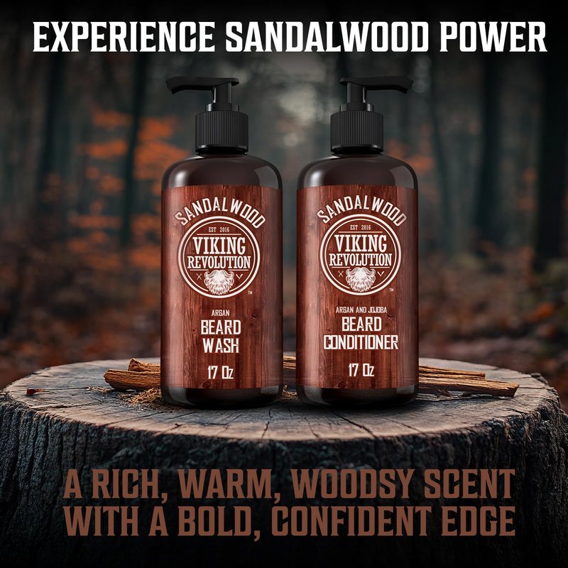 Viking Revolution Beard Wash & Beard Conditioner Set with Argan & Jojoba Oils - Softens and Strengthens - Natural Sandalwood Scent - Beard Shampoo with Beard Oil (17 oz)