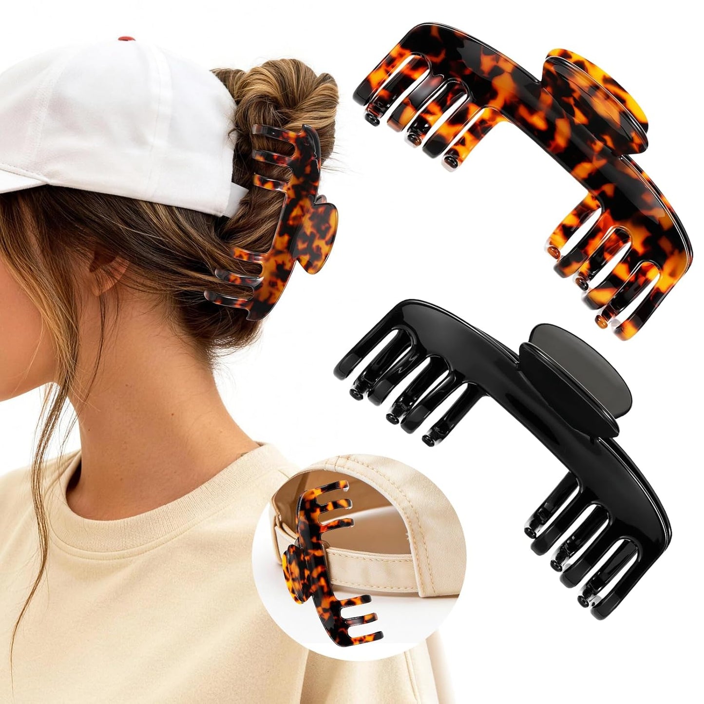 Large Hat Claw Clips for Women - Non-Slip Tortoise Shell Design | 2 Pcs Hair Accessories for Baseball Caps