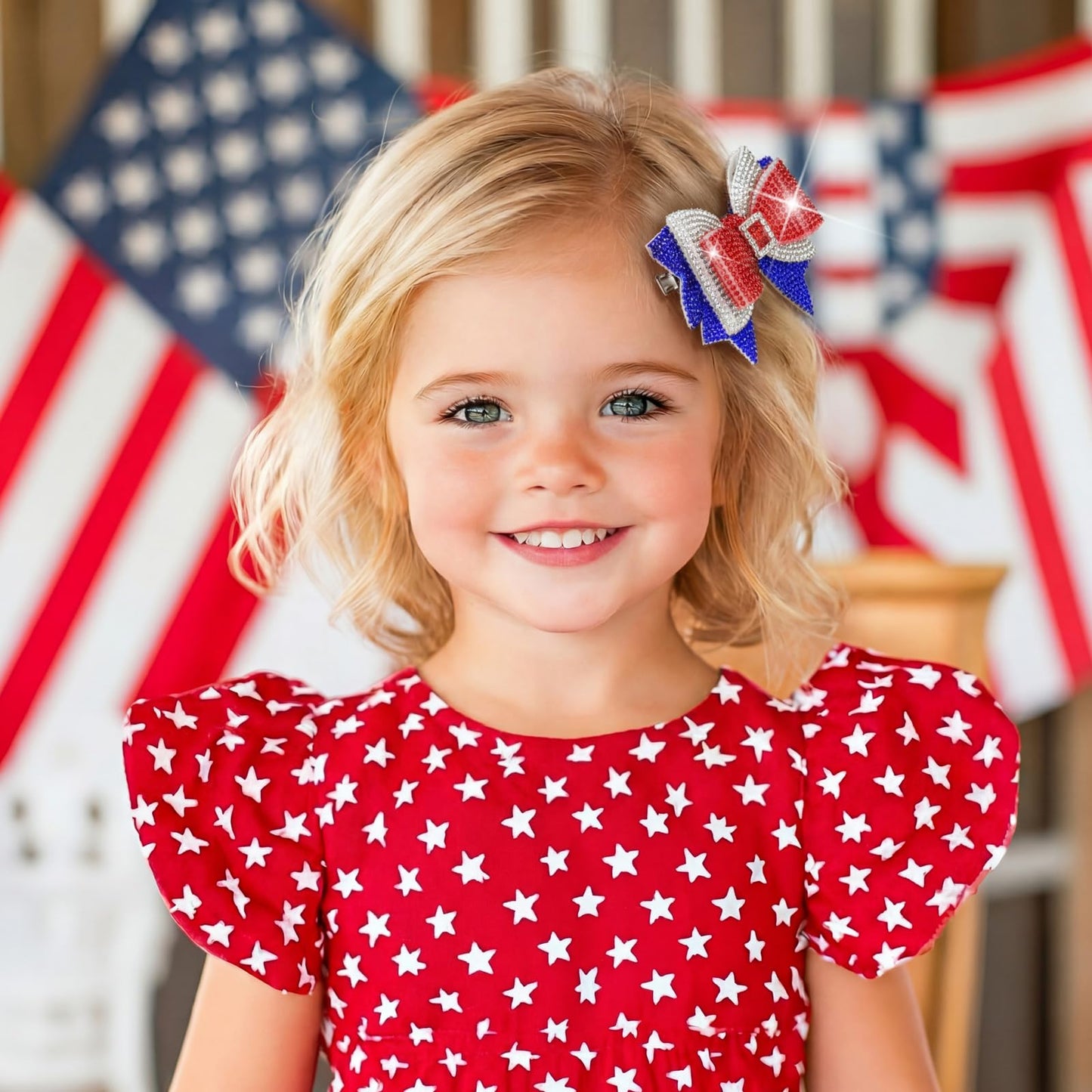 Solsew 2Pcs 4th of July Hair Bows Red White Blue Rhinestone Clips for Women