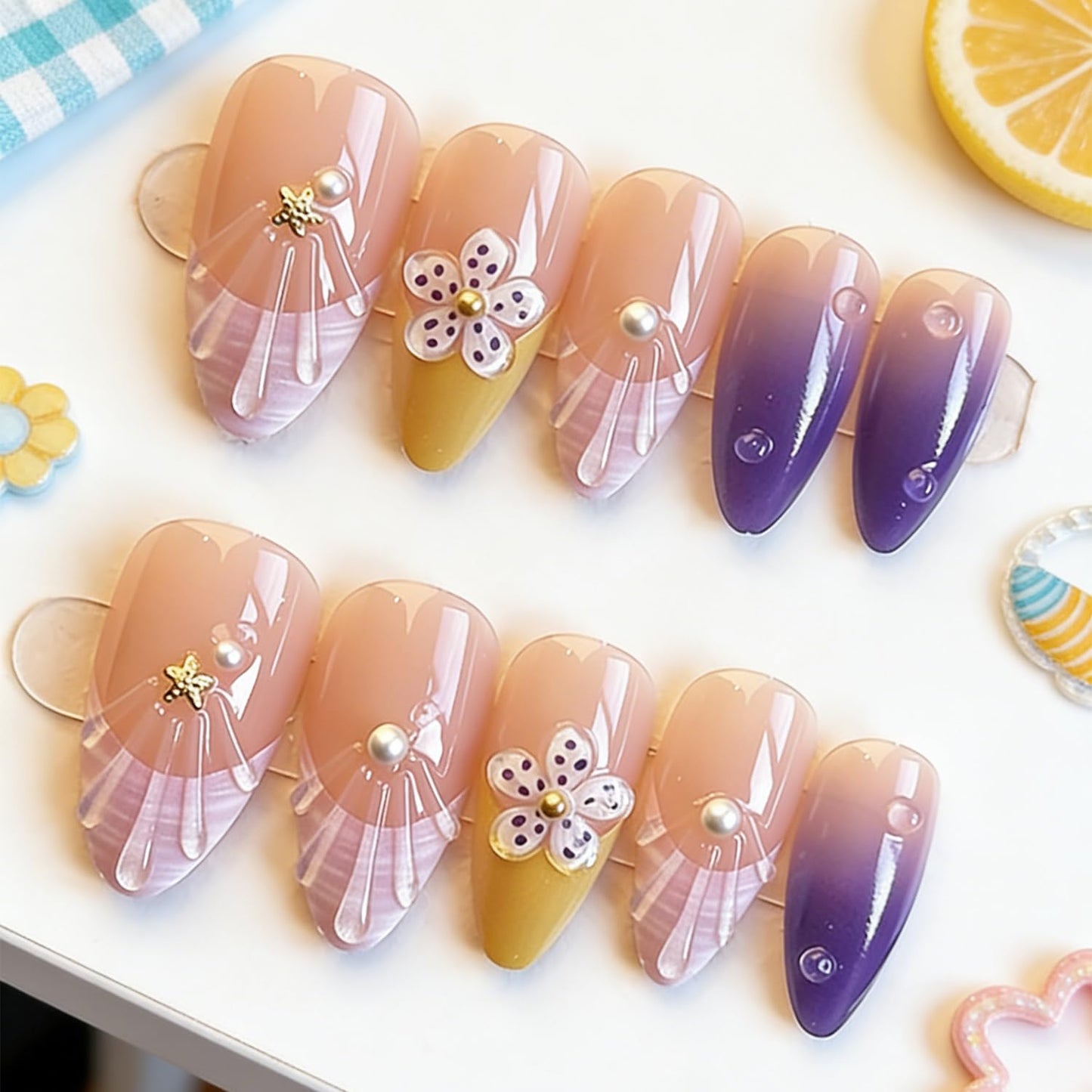 Summer Beach Press-On Nails - 24Pcs Medium Almond Purple French Tip with Starfish & Seashell Design | Floral Acrylic Full Cover