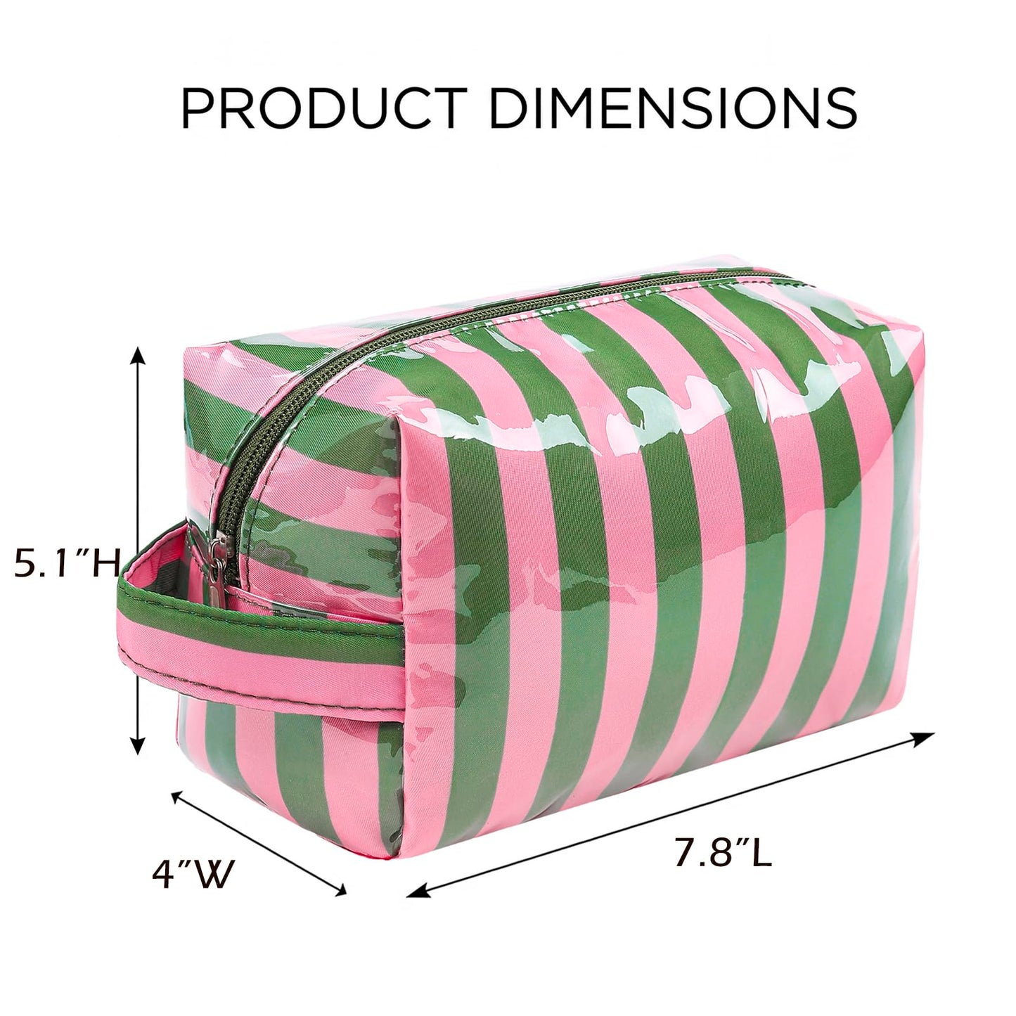 Lestikave PVC Striped Makeup Bag,Easy to Clean,Waterproof Clear Coated Cosmetic Bag,Cute Travel Organizer Zipper Pouch for Beach Vacation Essentials(02Green Pink)