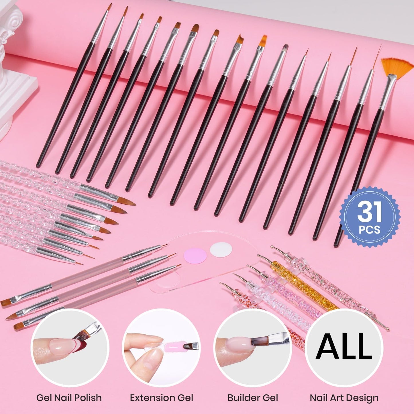 Beetles 31pcs Nail Art Brushes, Dotting Tools, Nail Art Pens, Dust Brush, Striping Liner Fingernail Drawing Pens with Palette Holder Metal Handle All in One for Starter Manicure Design Set