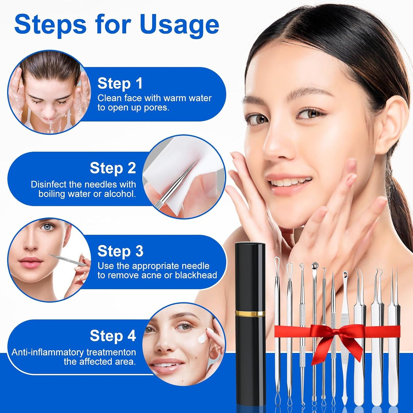 Pimple Popper Tool Kit - 10-Piece Blackhead Remover Set | Professional Comedone Extractors for Acne & Zit Removal, Metal Box Included (Silver)