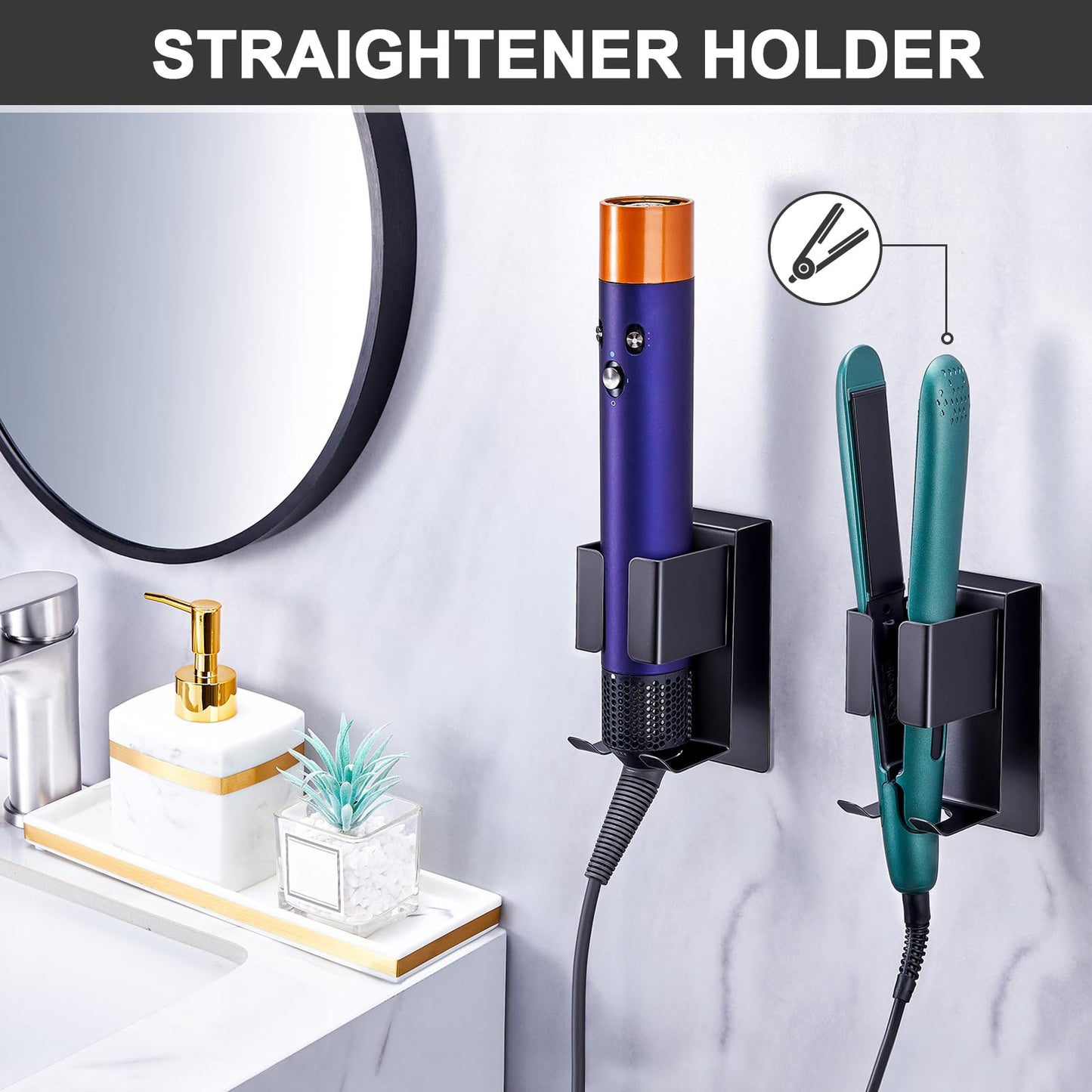 WAYASI Hair Straightener Holder Wall Mounted Blow Dryer Holder, Blow Dryer and Curling Iron Holder, Hair Dryer and Straightener Holder, Bathroom Hair Tools Organizer and Storage (Black, 1Pc)