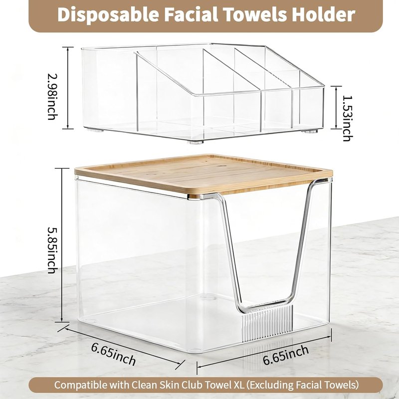 Disposable Facial Towel Holder & Cosmetic Organizer - Clear Storage with Bamboo Lid | Stackable Vanity Organizer for Bathroom Counter