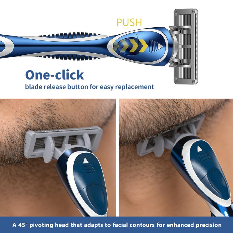 FYNEDGE 6-Blade Manual Razor for Men with Lubricating Strip, 1 Ergonomic Non-Slip Handle Includes 4pack Razor Blade Refill Cartridges, with Hanging Hook & Cleaning Brush, Full Washable Design