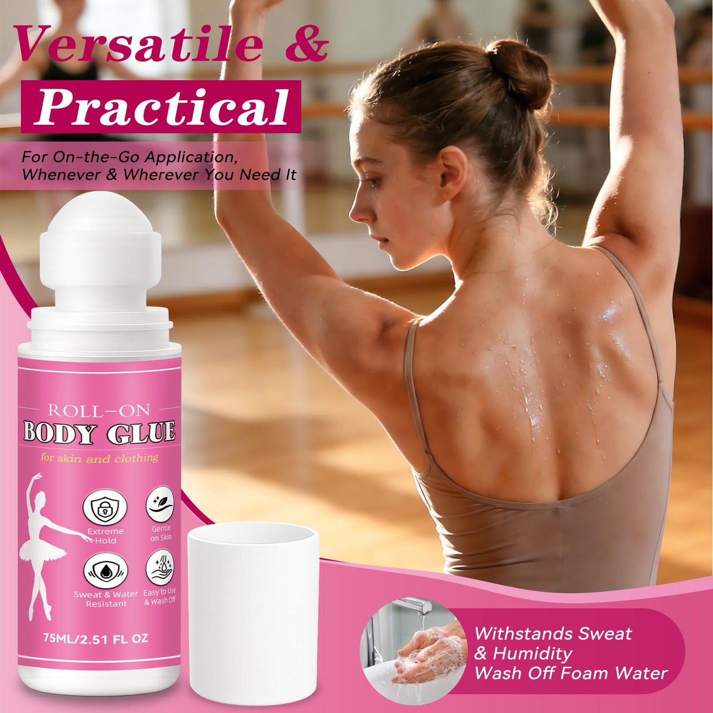 Body Glue for Clothes & Skin 2.54 Oz, Roll-On Body Adhesive, Sweat Resistant, Skin-Friendly and Washable Fashion Glue, Fabric-Safe Fashion Tape Glue for Dancers, Socks, Leotards, Bras, Wigs & Costumes