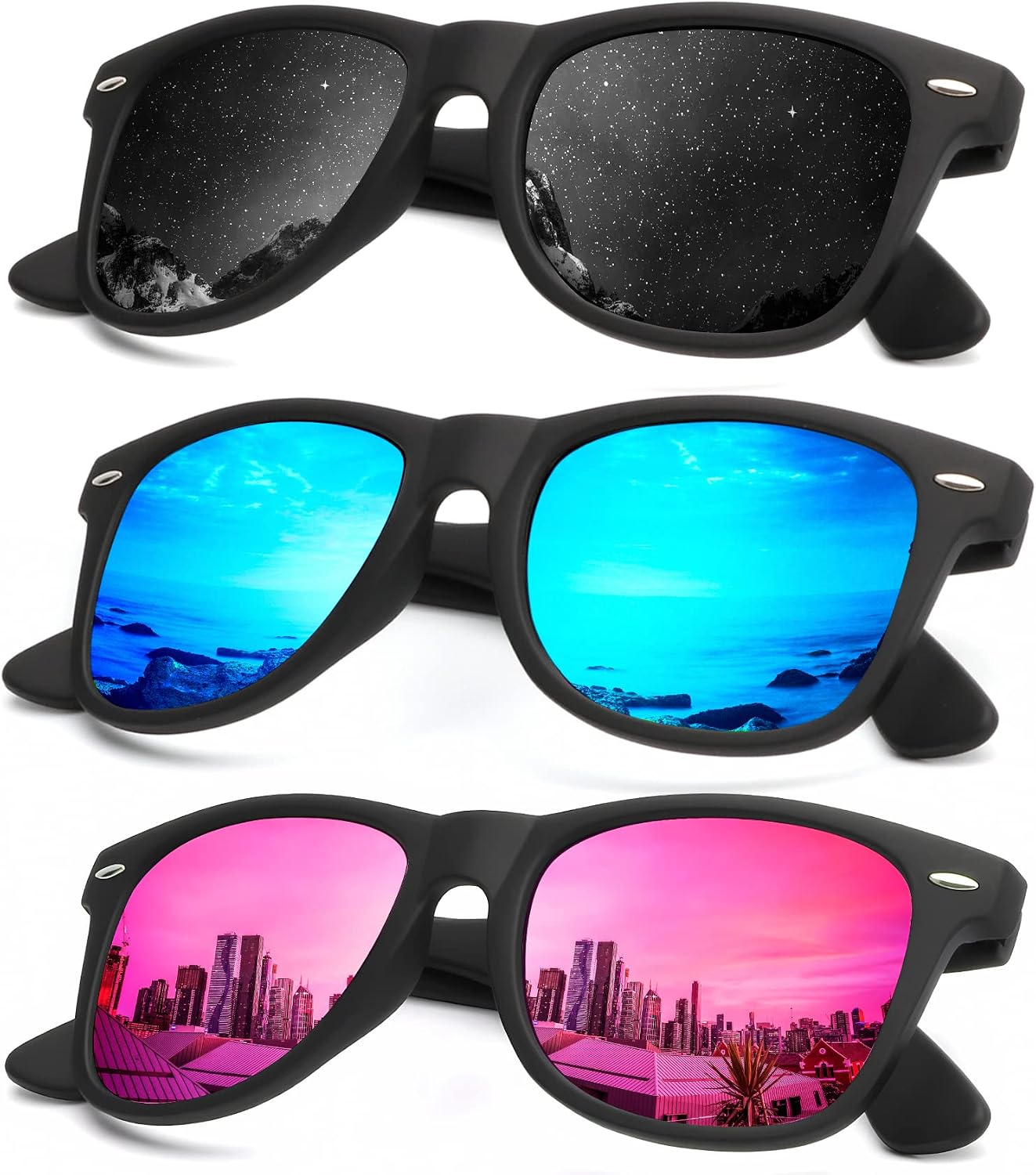 KALIYADI Polarized Sunglasses - Matte Finish, UV Blocking, Color Mirror Lenses | 3-Pack for Men & Women