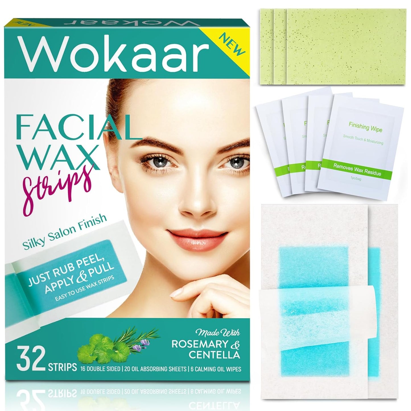 Hypoallergenic Facial Wax Strips - Sensitive Skin Waxing Kit for Eyebrows, Lips, Legs & Bikini | 16 Strips, 6 Calming Oil Wipes, 20 Blotting Sheets