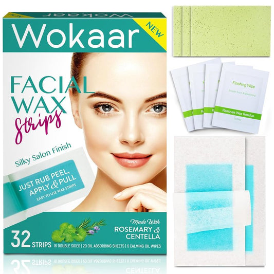 Hypoallergenic Facial Wax Strips - Sensitive Skin Waxing Kit for Eyebrows, Lips, Legs & Bikini | 16 Strips, 6 Calming Oil Wipes, 20 Blotting Sheets