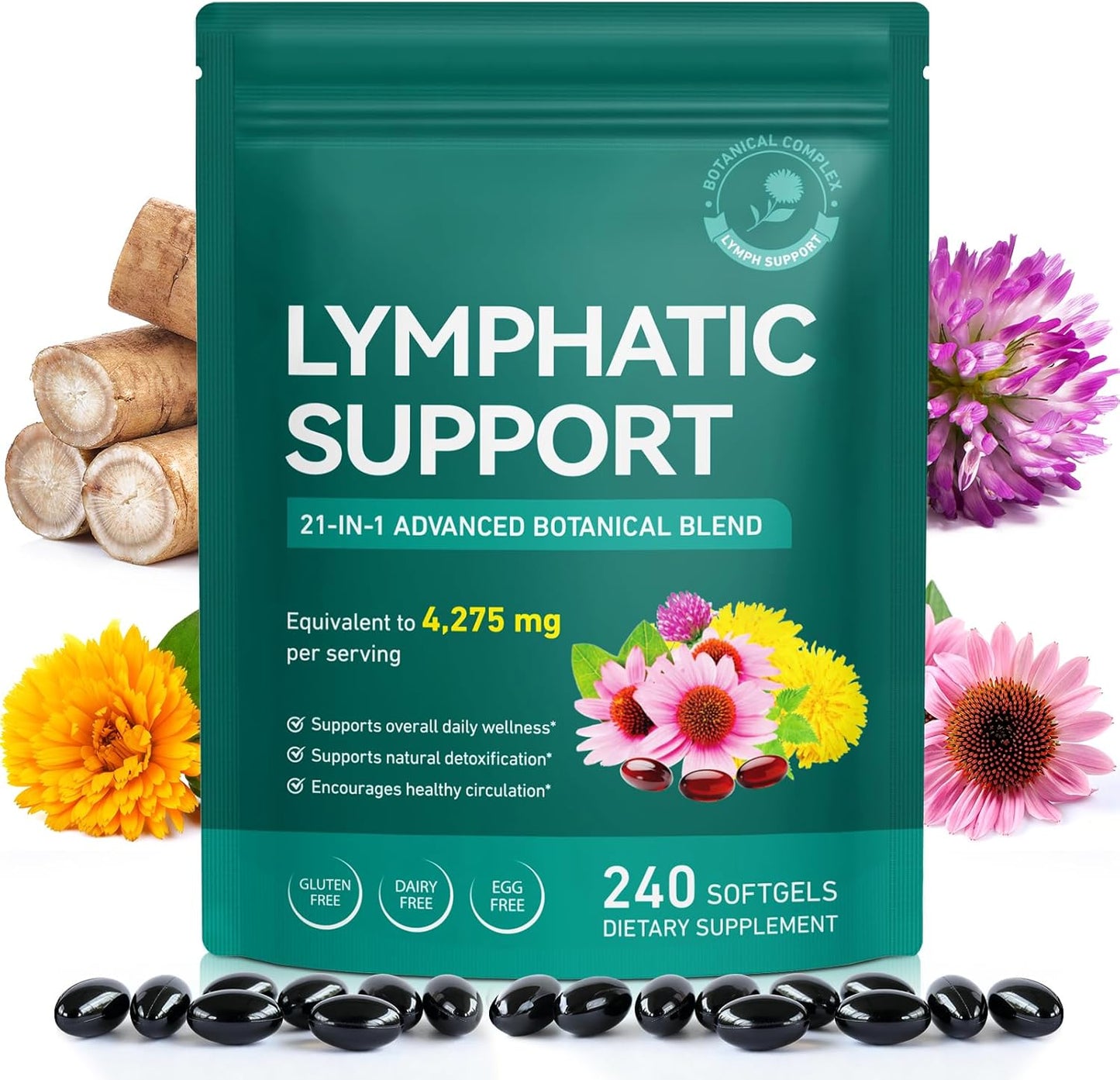 Lymphatic Drainage Supplement - 21-in-1 Botanical Blend for Detox & Circulation | 240 Softgels, 4,275 mg