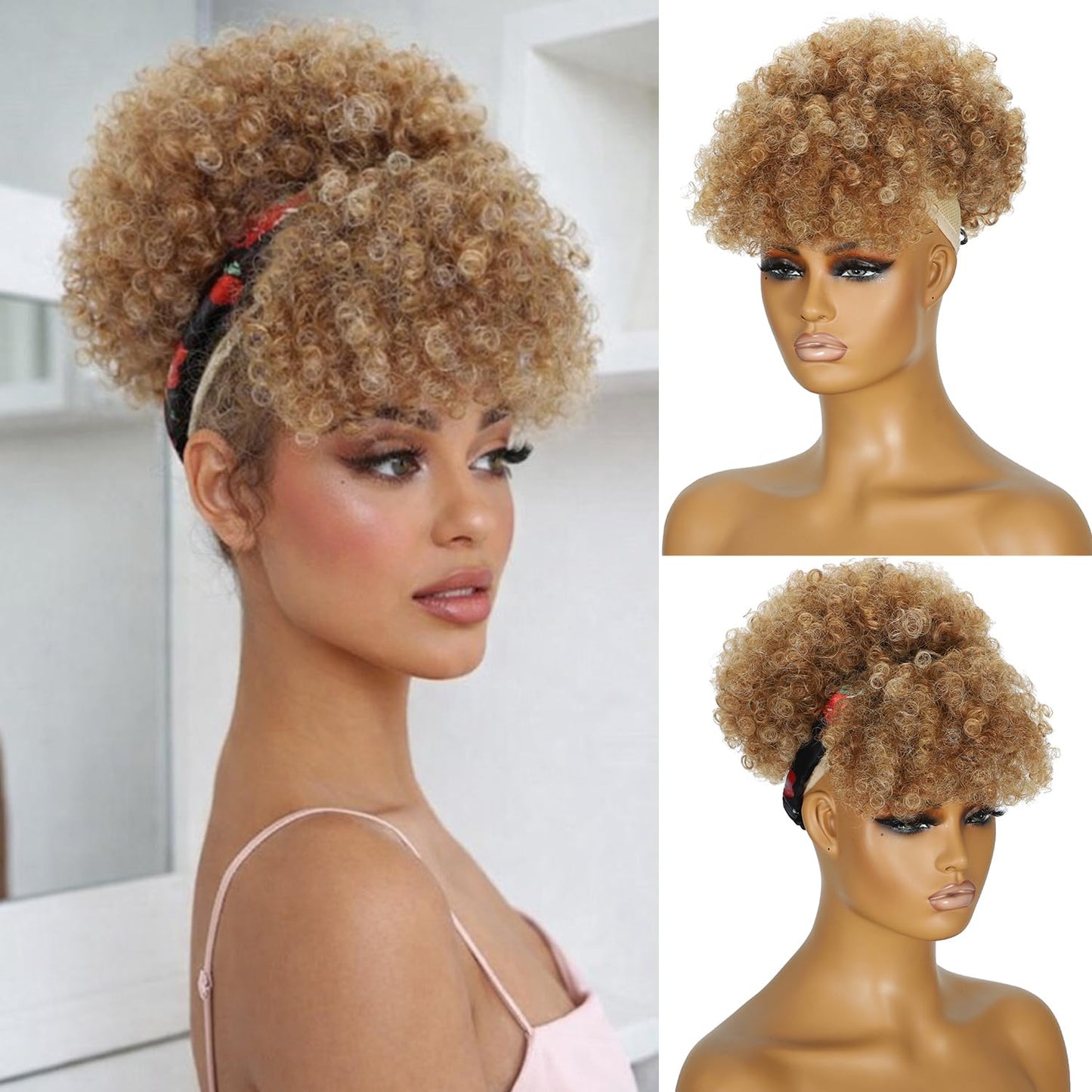 Kinky Curly Mohawk Wig - Short Synthetic Clip-On Ponytail Extension with Bangs | Fluffy Natural Hair for Daily & Party Use - Color 1B