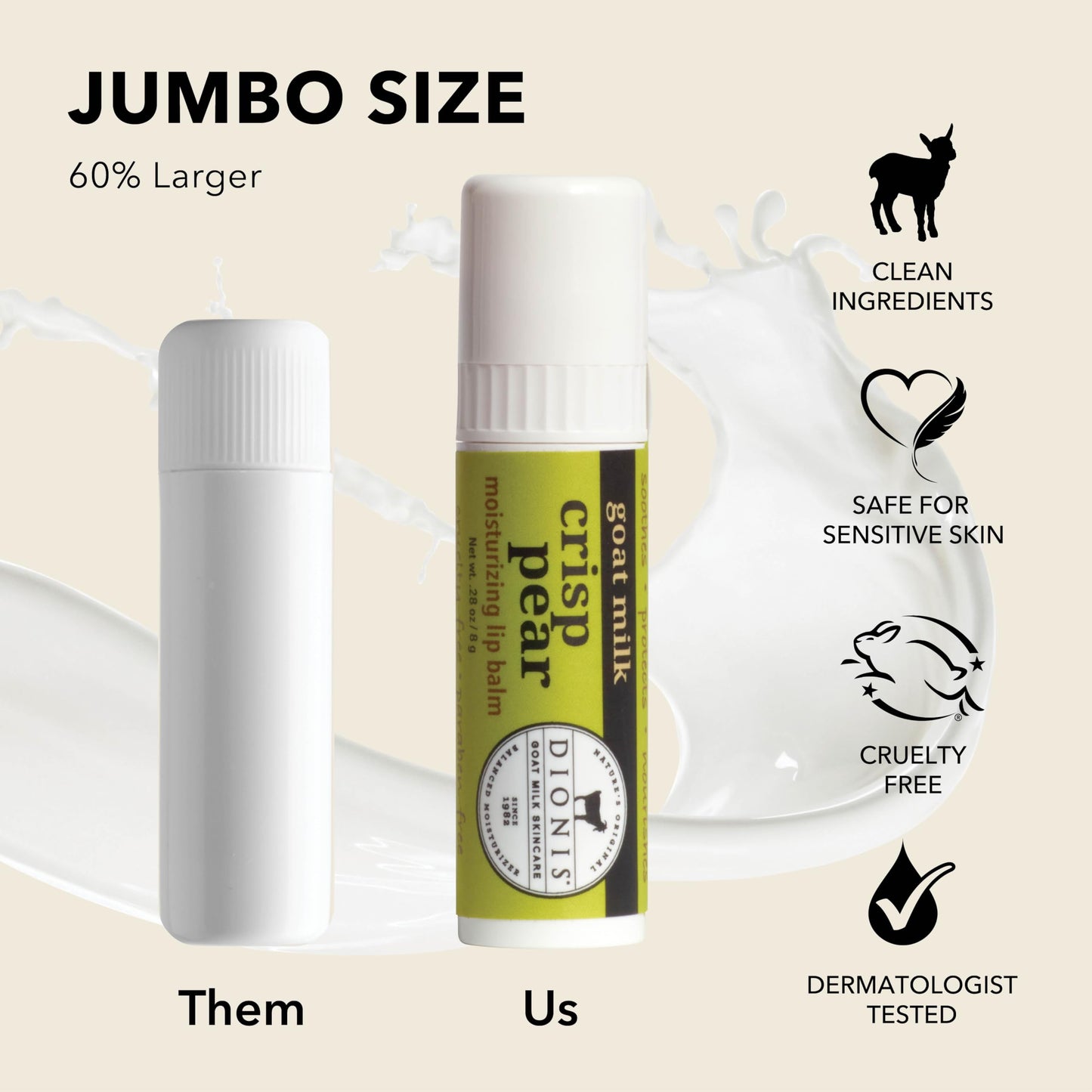 Dionis Goat Milk Jumbo Lip Balm - Moisturizing for Dry, Chapped, Lips, Conditioning with Beeswax, Shea Butter, Coconut Oil - Crisp Pear 0.28oz (Pack of 3)