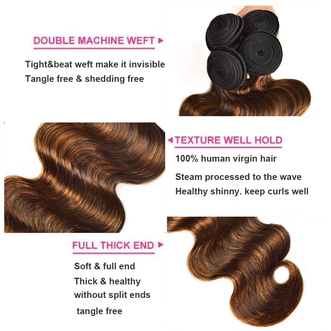 UNice Brown Highlight Body Wave Human Hair Weave 3 Bundles 14 16 18 inch, Brazilian Remy Hair Ombre Blonde Human Hair Wavy Weaves Sew in Piano Color TFB30