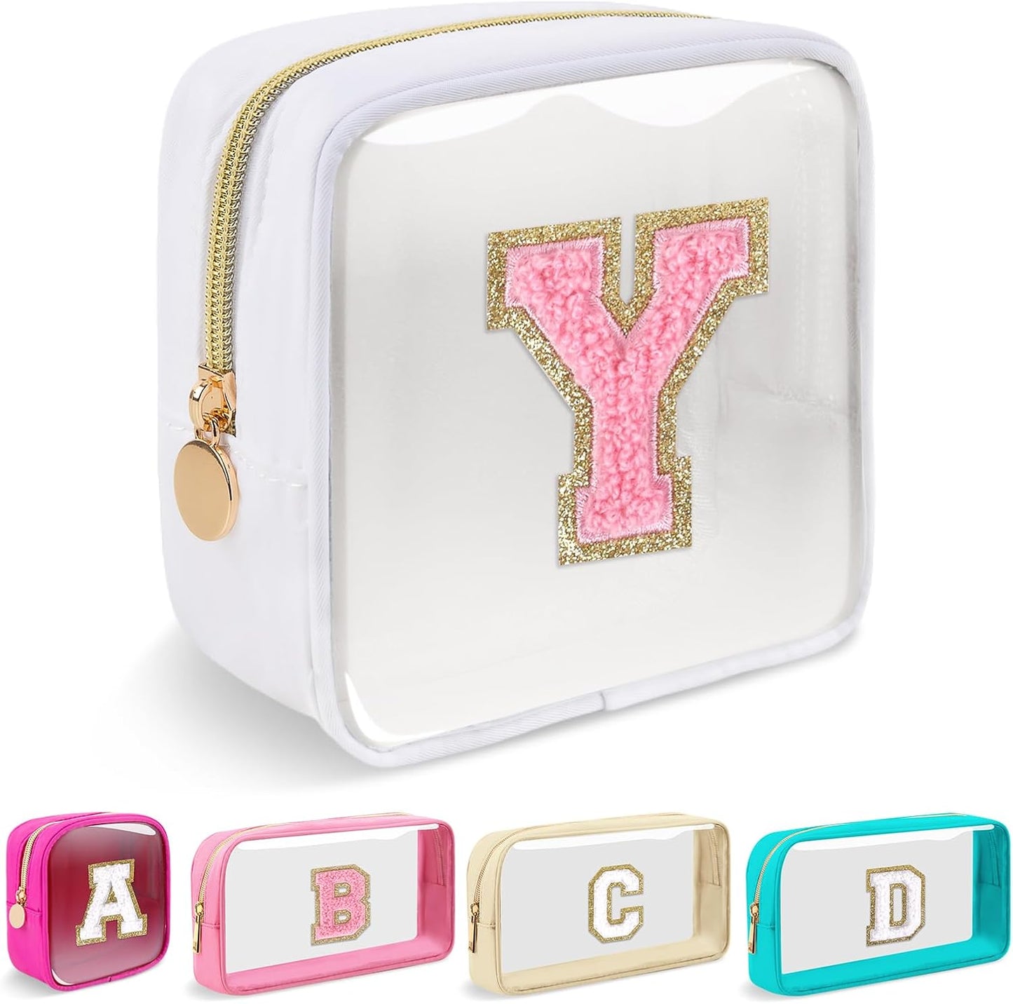 Personalized Initial Makeup Bag - Waterproof Nylon Cosmetic Pouch | A-Z Chenille Letter Patch, White-Pink G