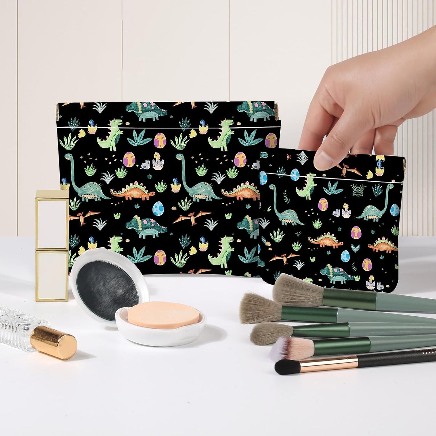 Makeup Bag Set - 2 PCS PU Leather Self-Closing Cosmetic Pouches | Portable Travel Organizer for Women - Dinosaur Design