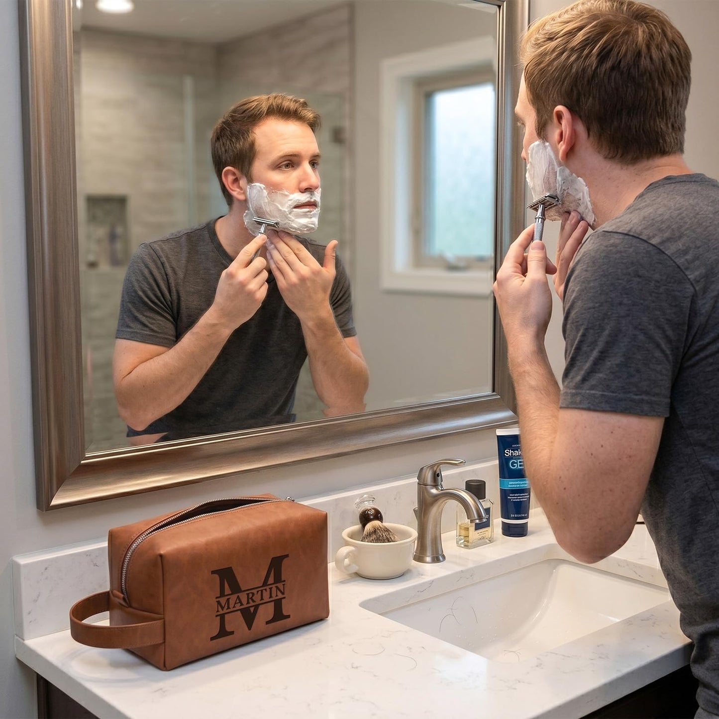 Aeekdook Personalized Toiletry Bag for Men, Engraved Name/Initial/Logo Waterproof Leather Travel Dopp Kit, Groomsmen Gifts Father's Day Birthday Gift for Men Husband Dad Boyfriend, Bulk Toiletry Bags