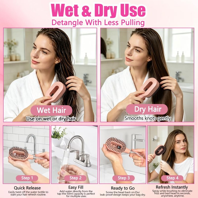 2-in-1 Hair Brush with Water Spray - Wet & Dry Detangler for Wavy & Straight Hair | 50ml Reservoir, Anti-Frizz