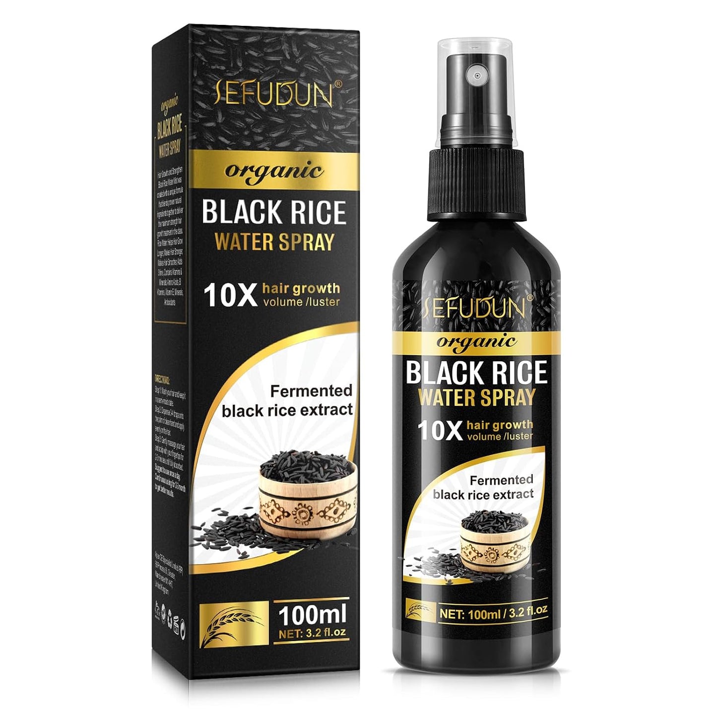 Organic Black Rice Water Spray - Hair Growth Solution with Castor Oil & Ginger Extract | 100ml/3.2 fl.oz