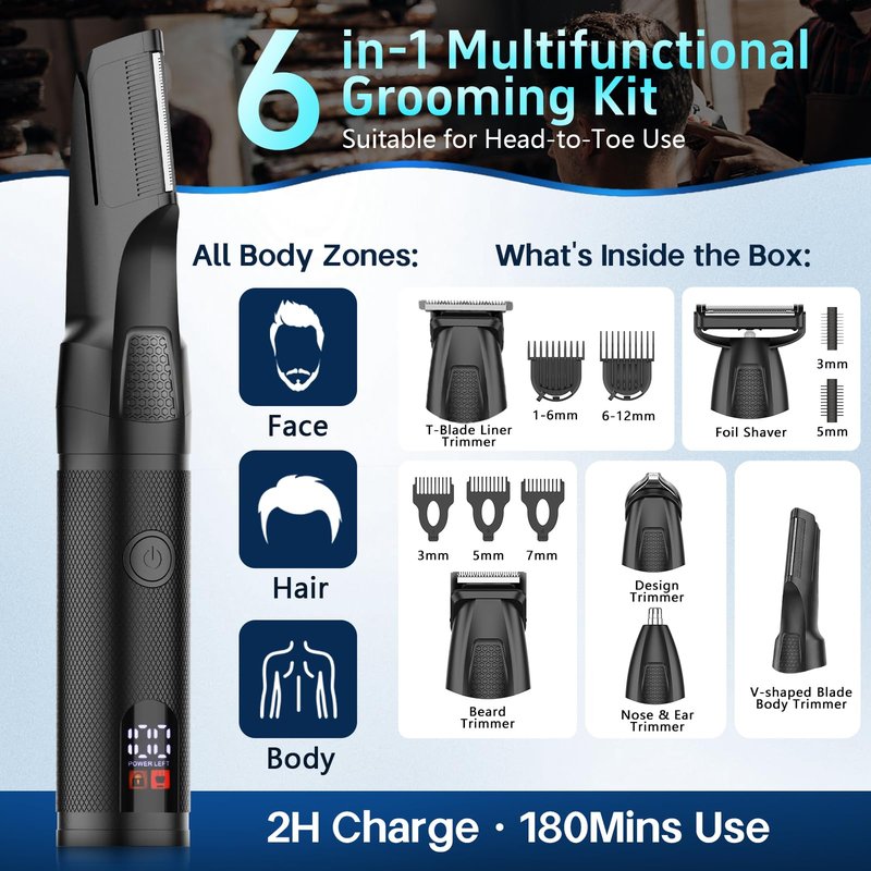 Manscape Body & Beard Trimmer for Men, 6-in-1 Electric Razor Grooming Kit Men's Gift, Nose Hair Trimmer, Ball Pubic Groin Shaver No Nick, Waterproof, LED Display, Rechargeable, Type-C Dock Charging