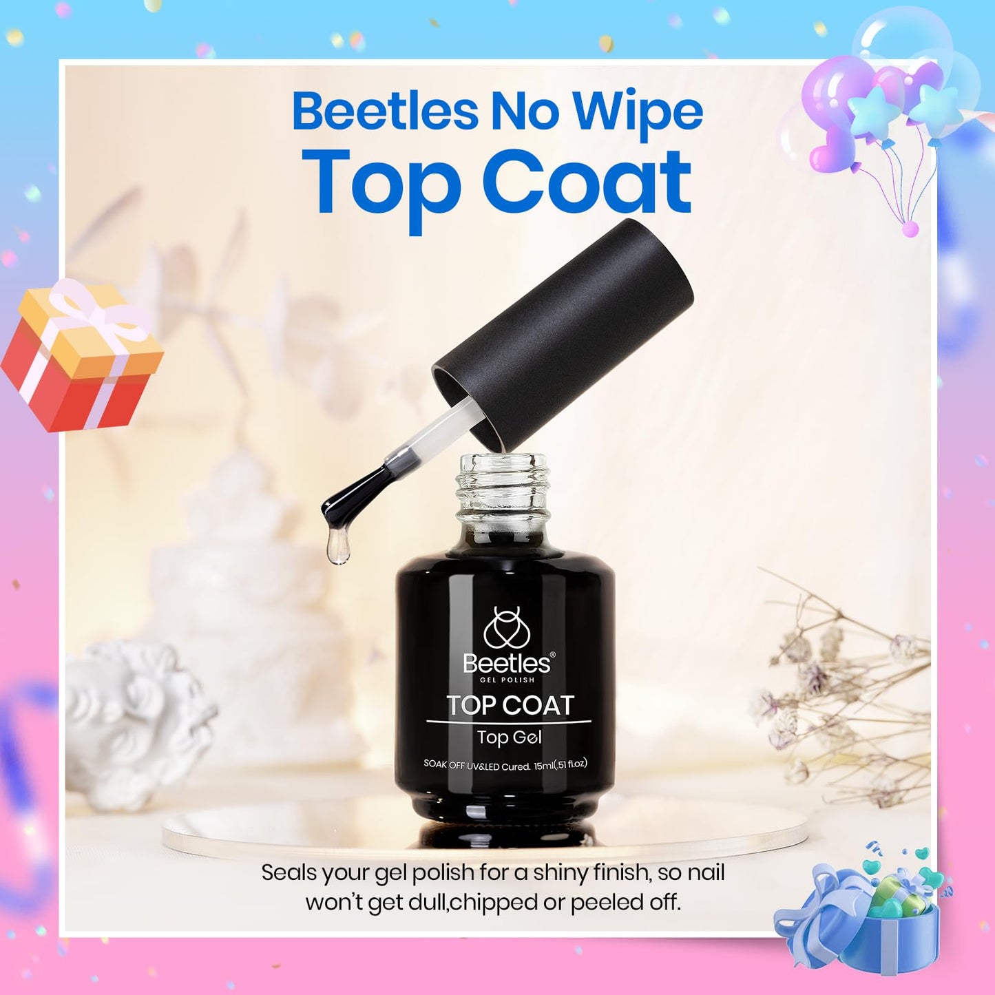beetles Gel Polish No Wipe Gel Top Coat - Clear Top Coat Gel Nail Polish Shine Finish and Long Lasting, Soak Off Nail Lamp, 15ml Summer Nails Gifts for Women