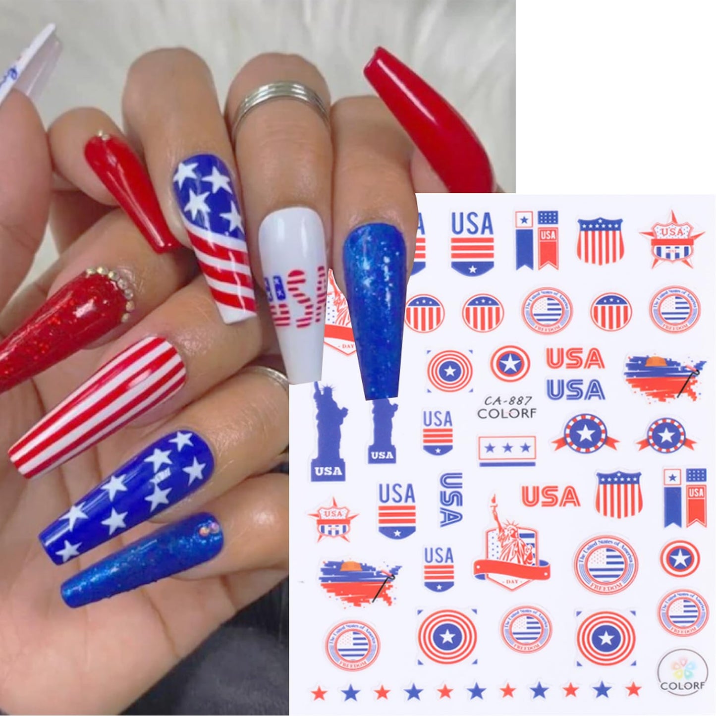 4th of July Nail Stickers Independence Day Nail Art Decals American Flag Self-Adhesive Nail Sticker for Patriotic 10 Sheets 3D Nail Stickers Nail Supplies for Women Kids