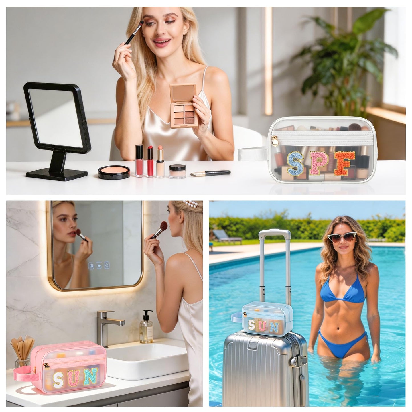 Kcjdd Clear Sunscreen Bags For Beach Pool With Handle, Waterproof Personalized Sun Bag Travel Toiletry Makeup Bag,Travel Beach Pool Summer Essentials SPF Bag For Women Girls(