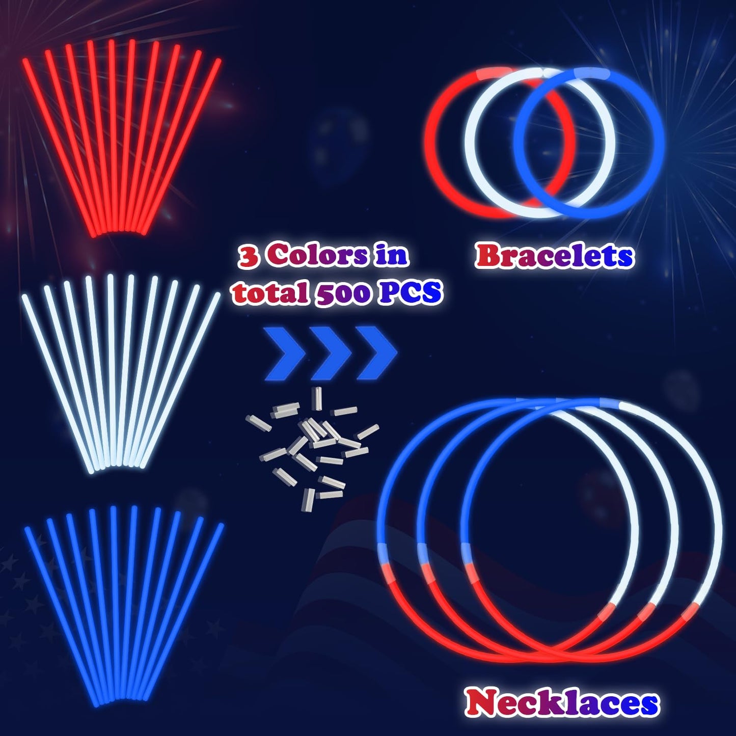 Fourth of July Accessories for Kids, 72-500 PCS Red White Blue Glow Sticks Party Favors Supplies for 250th, Patriotic Treat Goodie Gift Bag Stuffers, Light up Party Toys Stuff Decor for 4th of July