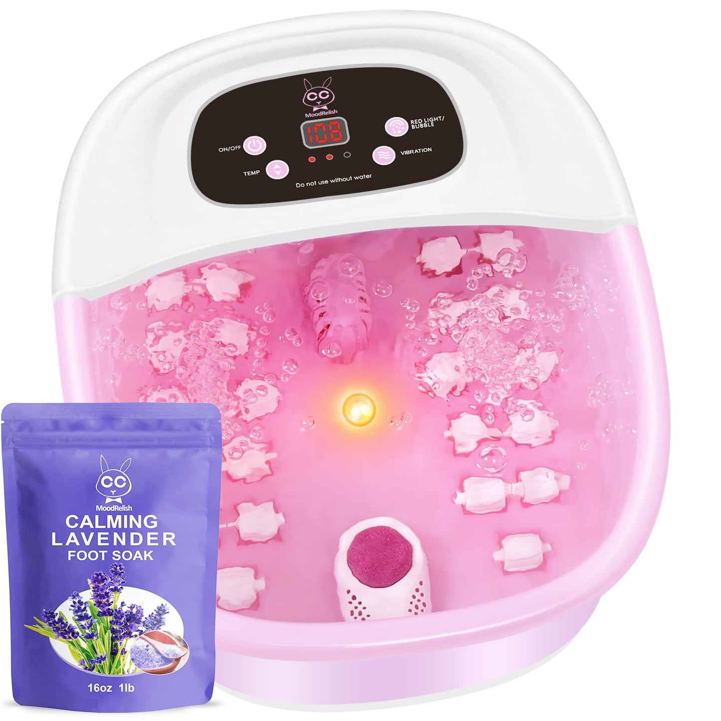 Foot Spa Bath Massager with Heat & Vibration | 22 Massage Rollers, Calming Lavender Epsom Salt, Adjustable Temp - Pink