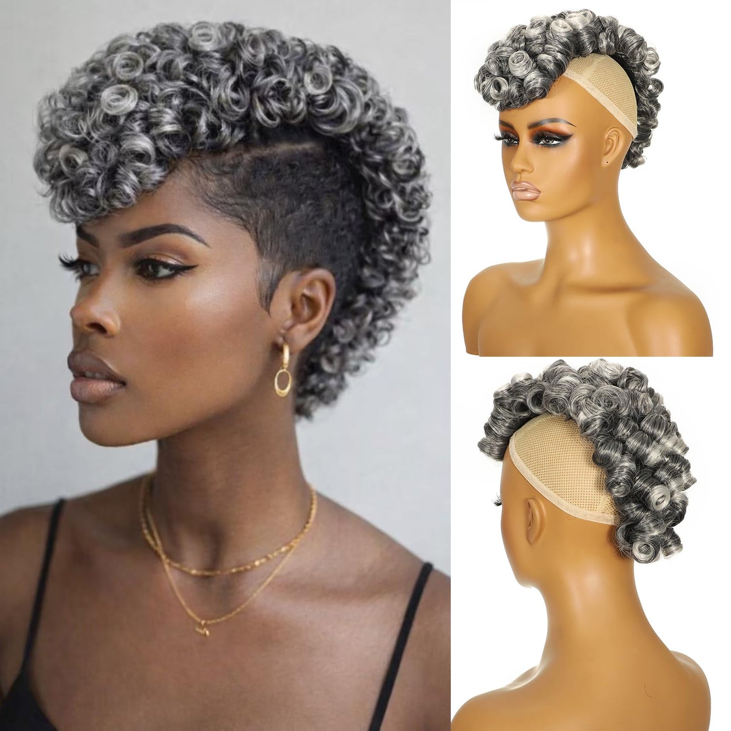 Kinky Curly Mohawk Wig - Short Synthetic Clip-On Ponytail Extension with Bangs | Fluffy Natural Hair for Daily & Party Use - Color 1B