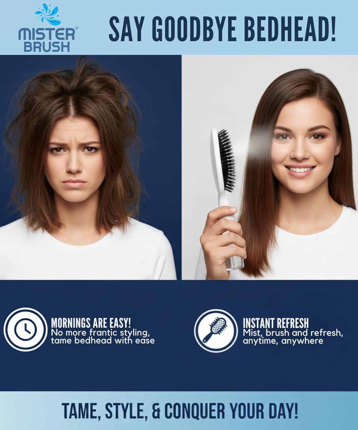 Mister Brush 2-in-1 Hairbrush with Water Reservoir - Innovative Mist & Brushing Tool for Wet & Dry Hair | No-Tangle Bristles, Easy to Use (Pink)