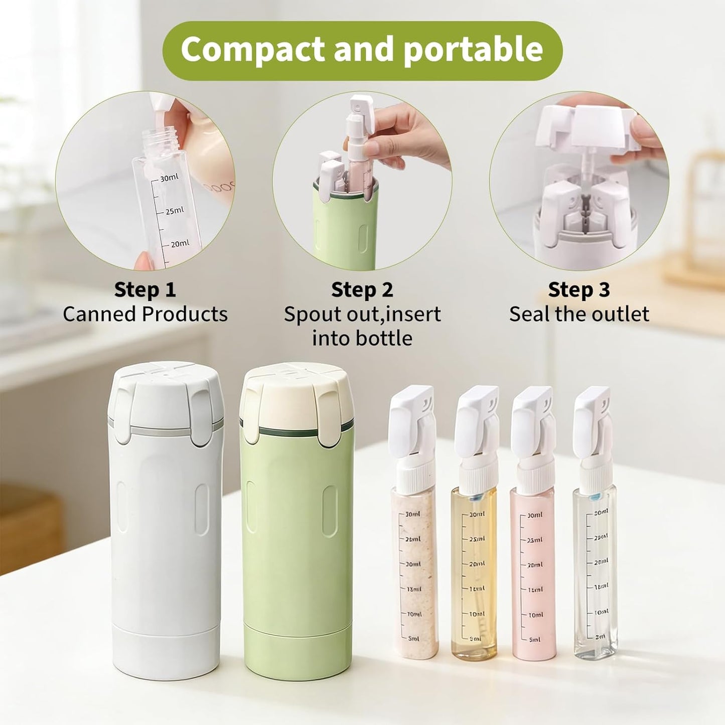 Travel Toiletries Bottle Set - 4 in 1 Refillable Dispenser for Shampoo, Lotion, Conditioner | Leak-Proof, Portable Containers (White & Green)