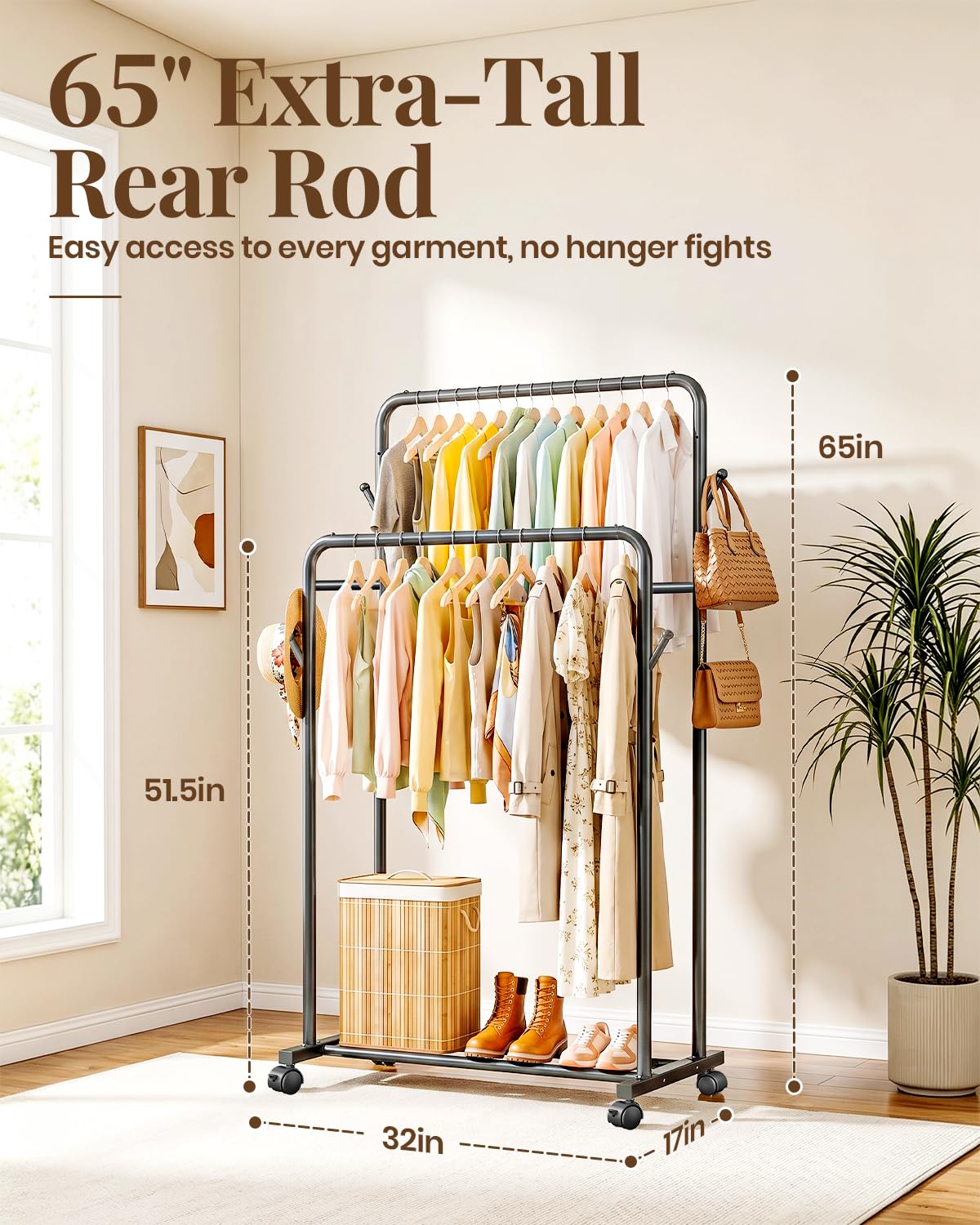 Delamu Clothes Rack Double Rods Clothing Racks for Hanging Clothes with Rolling Wheels, Metal Garment Rack with Hooks, Portable Wardrobe Rack Coat Rack with Shelfs for Bedroom, Laundry Room, Black