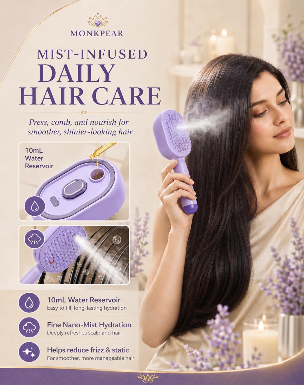 Electric Spray Air Cushion Massage Comb, Self-Cleaning Anti-Tangle Hair Brush, Anti-Static Volumizing Mist Brush, Rechargeable Scalp Comb for Frizz Control, Smooth Shine & Daily Care (Purple)