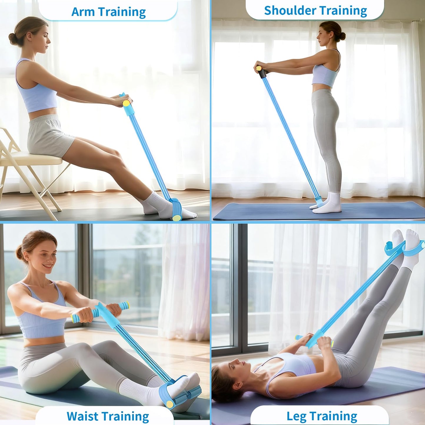 Pedal Resistance Bands with Handles, Upgrade 6-Tubes Elastic Bands for Exercise, Natural Rubber Foot Pedal Resistance Bands, Multifunction Fitness Bands for Abdomen, Waist, Arm, Leg, Pilates (Blue)