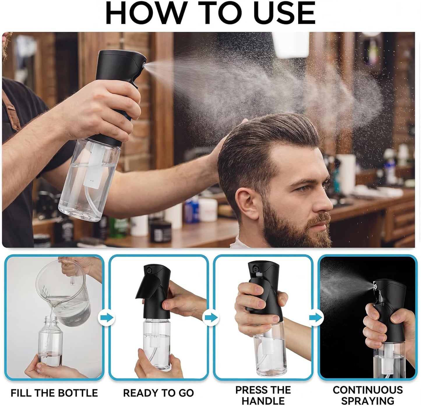 Continuous Spray Bottle - 8.5oz Fine Mist Hair & Plant Sprayer | Refillable Water Dispenser - Black