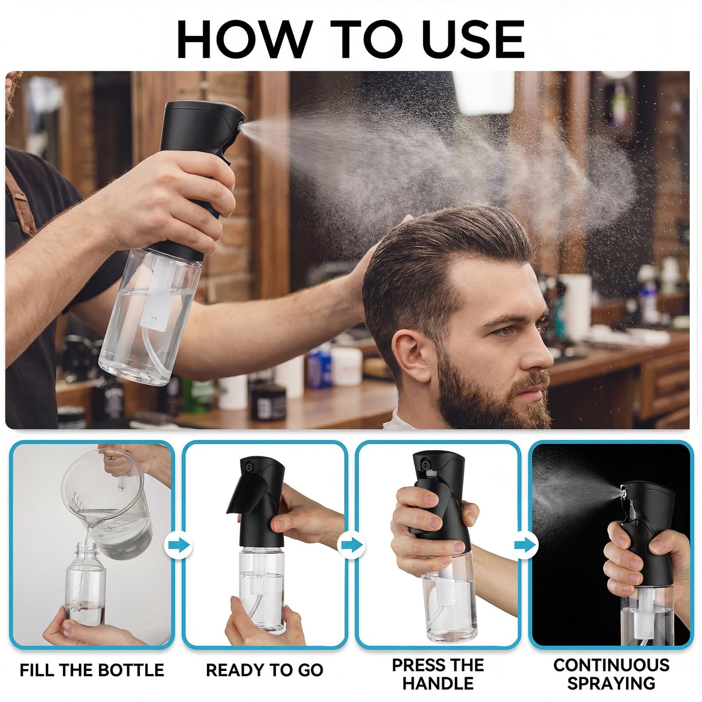 iwreaiy 1 Pack 8.5oz Continuous Spray Bottle for Hair Styling & Plants - Fine Mist Sprayer Refillable Empty Water Dispenser for Cleaning, Ironing, Watercolor & Pet Care - Black