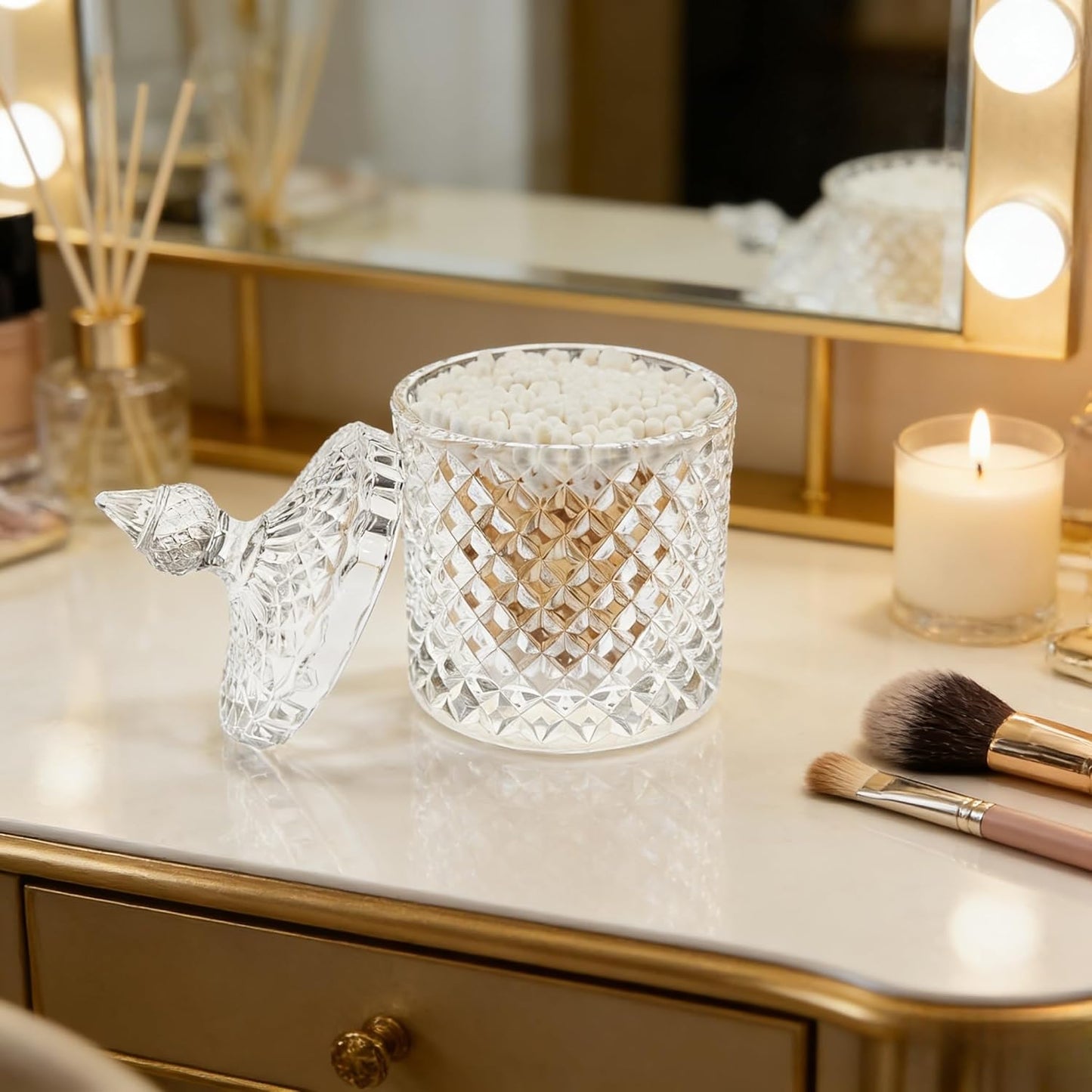 Cotton Swabs - 200 Count Bamboo Sticks with Clear Glass Container | Perfect for Ears, Makeup & Nails