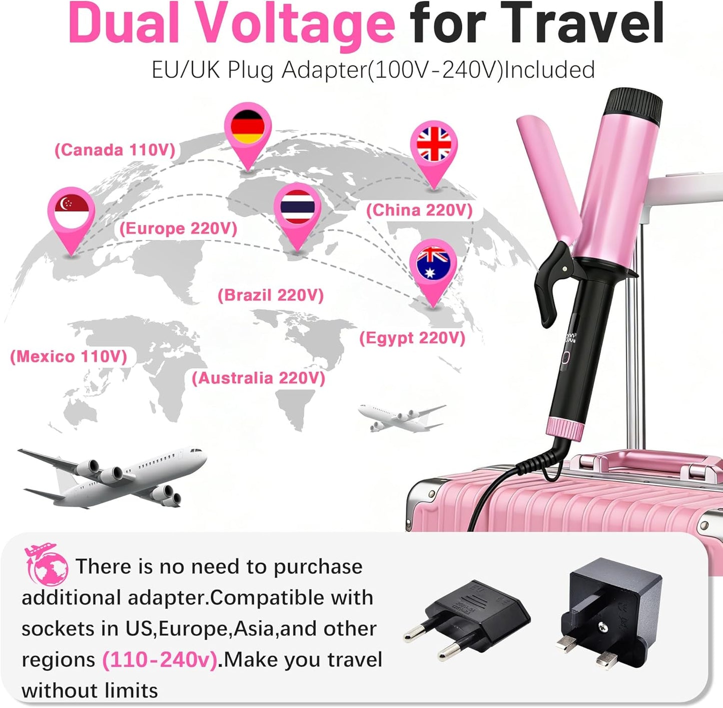 Large Curling Iron - 2 Inch Barrel for Long Hair | Dual Voltage 110-240V with Digital Display & Temp Lock