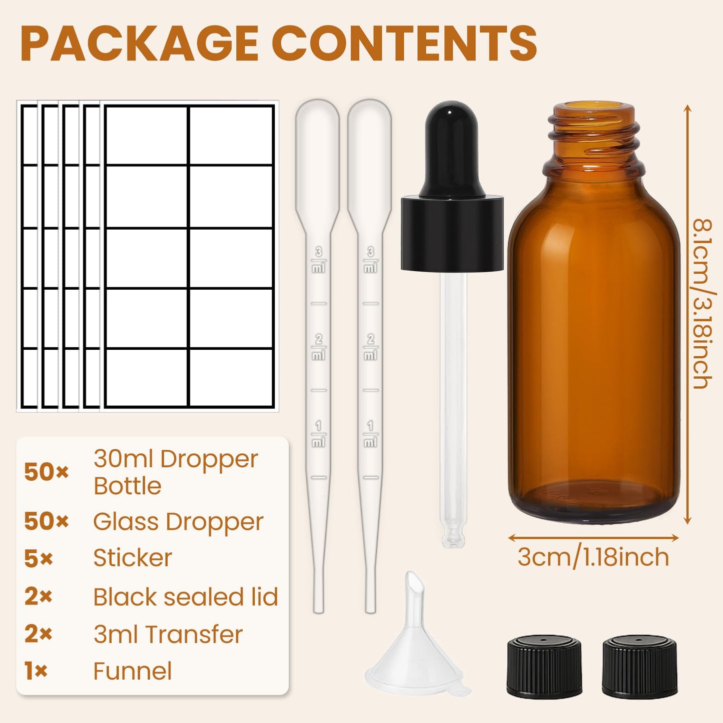 UPBUD 50 Pack 1oz Amber Glass Dropper Bottles Leakproof with Funnels, Eye Droppers, Extra Caps, Labels - Refillable UV 30ml Empty Bottles for Tinctures, Essential Oils, Perfume, Beard, Hair Oil