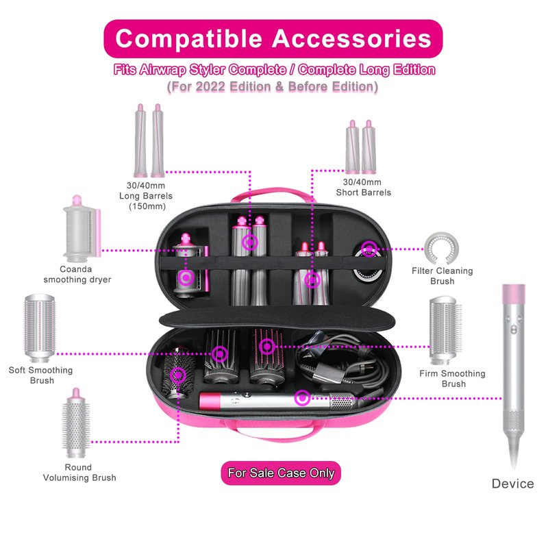 RLSOCO Hard Case for Dyson Airwrap Complete Long/Complete Styler HS08 HS05 HS01,NOT for Dyson Airwrap i.d. - Fits 4pcs Long Barrels or Short Barrels - Pink (Case Only,Hair Styler is not Included)