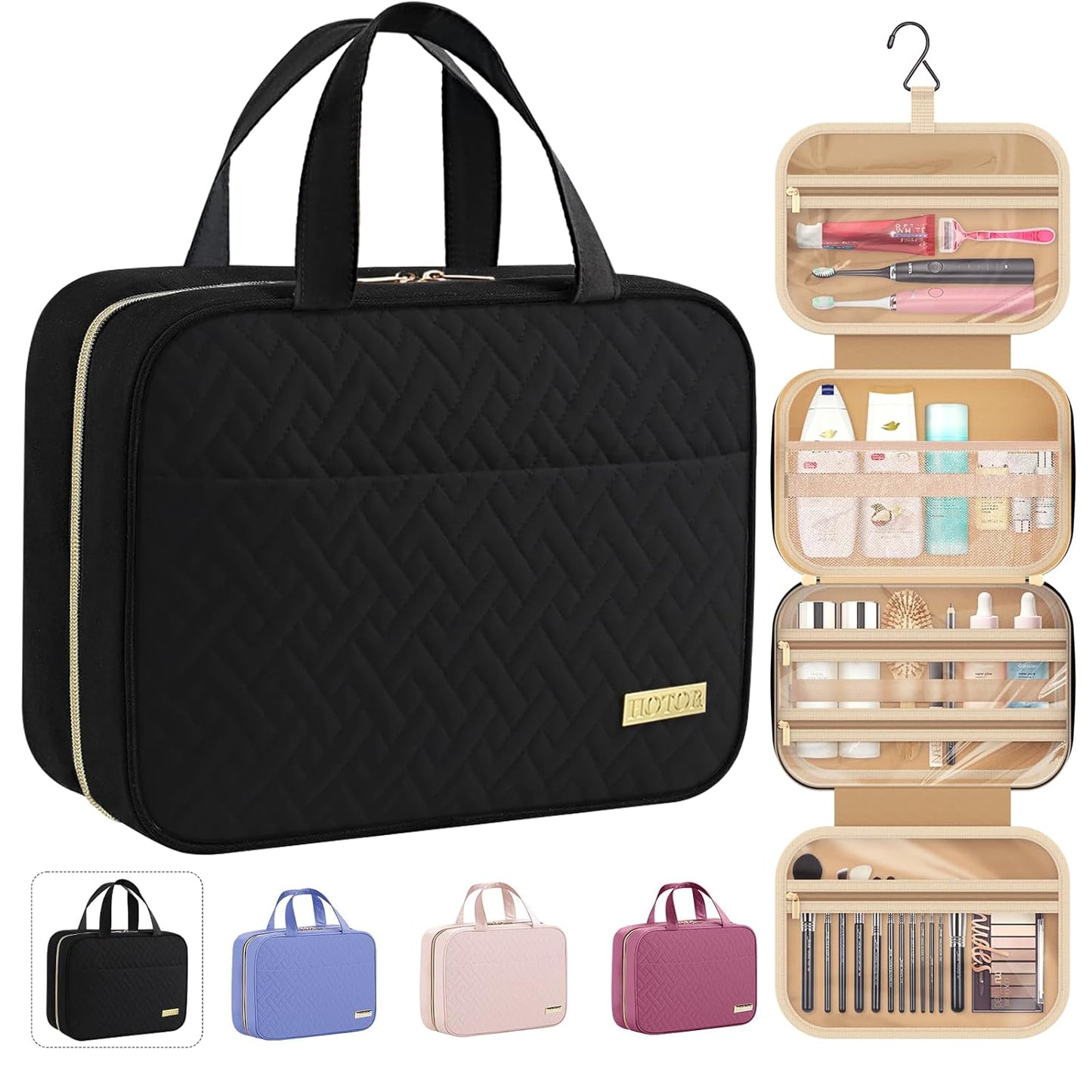 Travel Toiletry Bag - Waterproof Hanging Makeup Organizer for Men & Women | Medium Size, Black