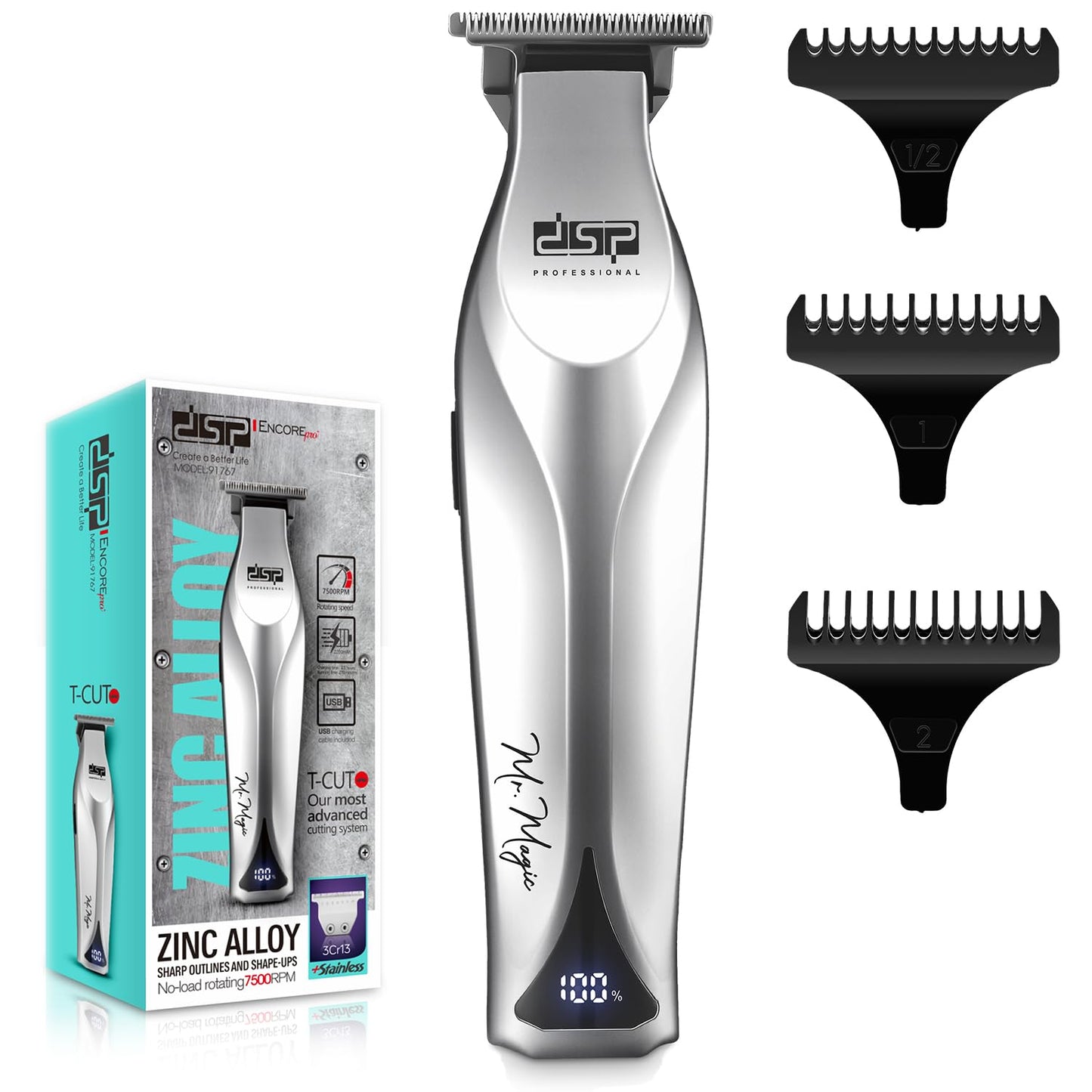 DSP Professional Trimmers for Barbers, T Blade Beard Trimmer for Men, Cordless Zinc Alloy Material Edgers Trimmer (Silver)